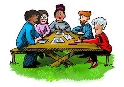 ADHD Friendly Community around a table graphic